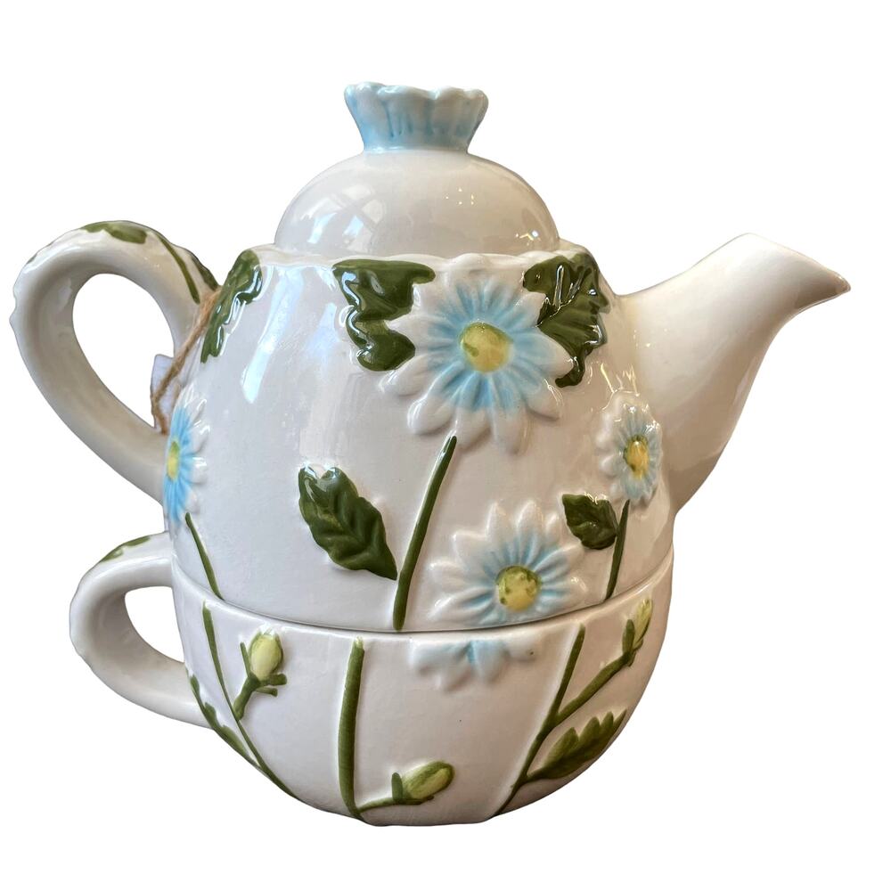 Connections 3 pc Hand Painted Spring Floral Ceramic Tea Pot & Cup For One NEW